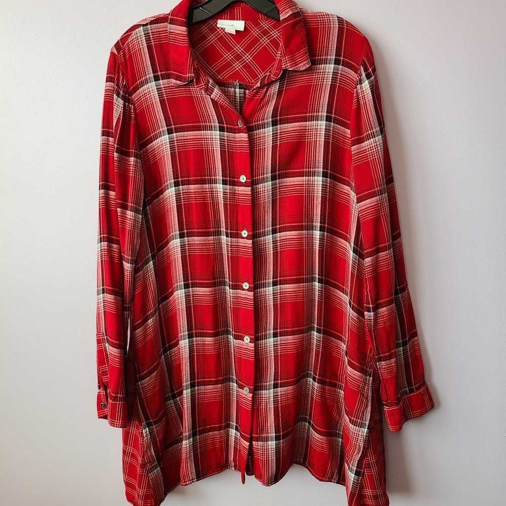 J Jill Flared Red Plaid Long Sleeve Button-Up Tunic Shirt Rayon Flannel Sz M